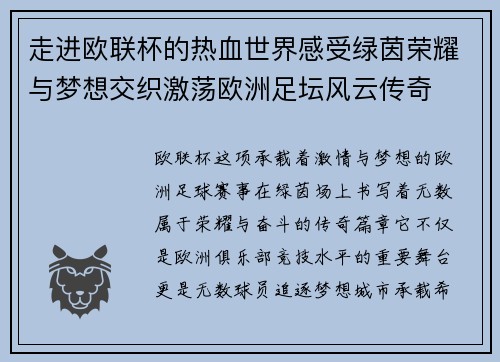 走进欧联杯的热血世界感受绿茵荣耀与梦想交织激荡欧洲足坛风云传奇
