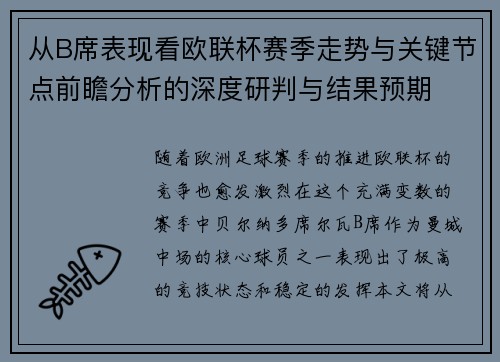 从B席表现看欧联杯赛季走势与关键节点前瞻分析的深度研判与结果预期